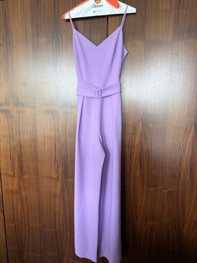 Lavender V-Neck Wide-Leg Jumpsuit with Self-Tie Belt.